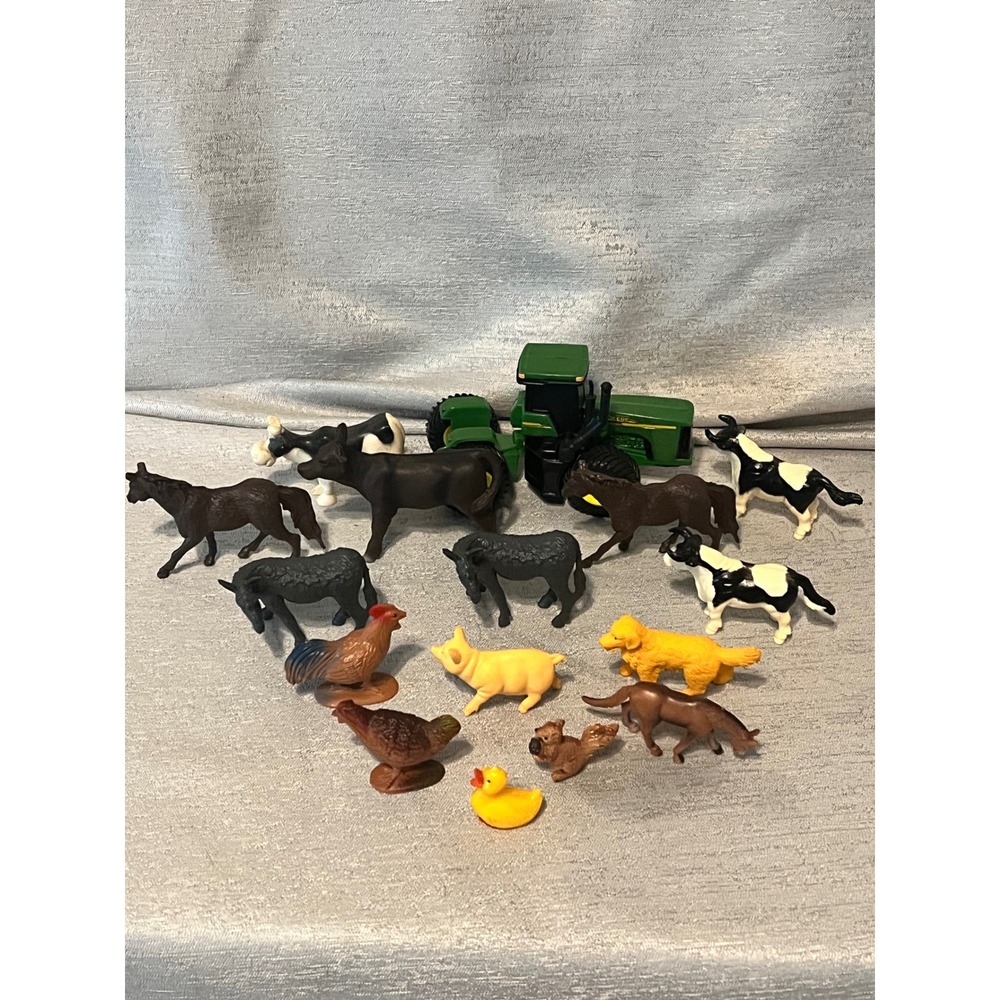 John Deere Tractor and Farm Animal Figurine Lot Cows Horses Pig Rooster 15pc